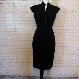 Calvin Klein Black Front Button Belted Cap Sleeve Dress